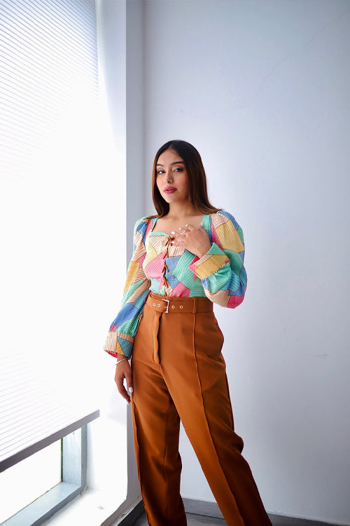 Abstract Print Top With Front Tie Up