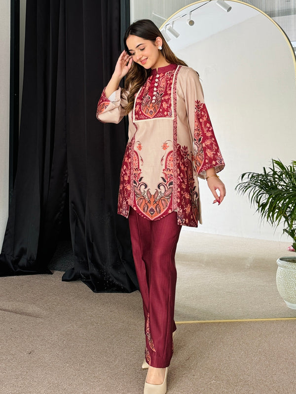 Feriha Beige Bold Winter Pashmina Kurta Set