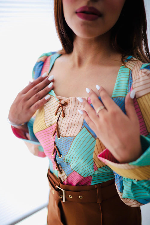 Abstract Print Top With Front Tie Up
