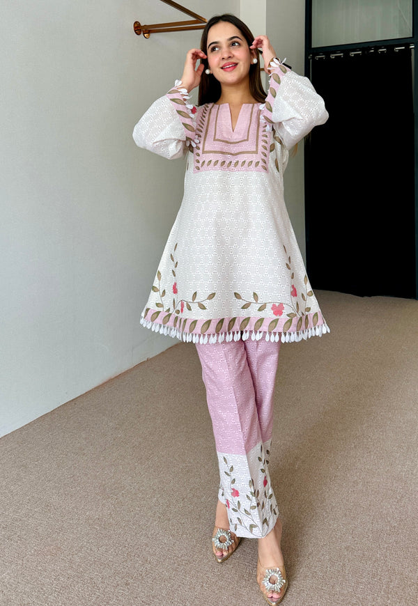 White Pink Floral Festive Kurta Set