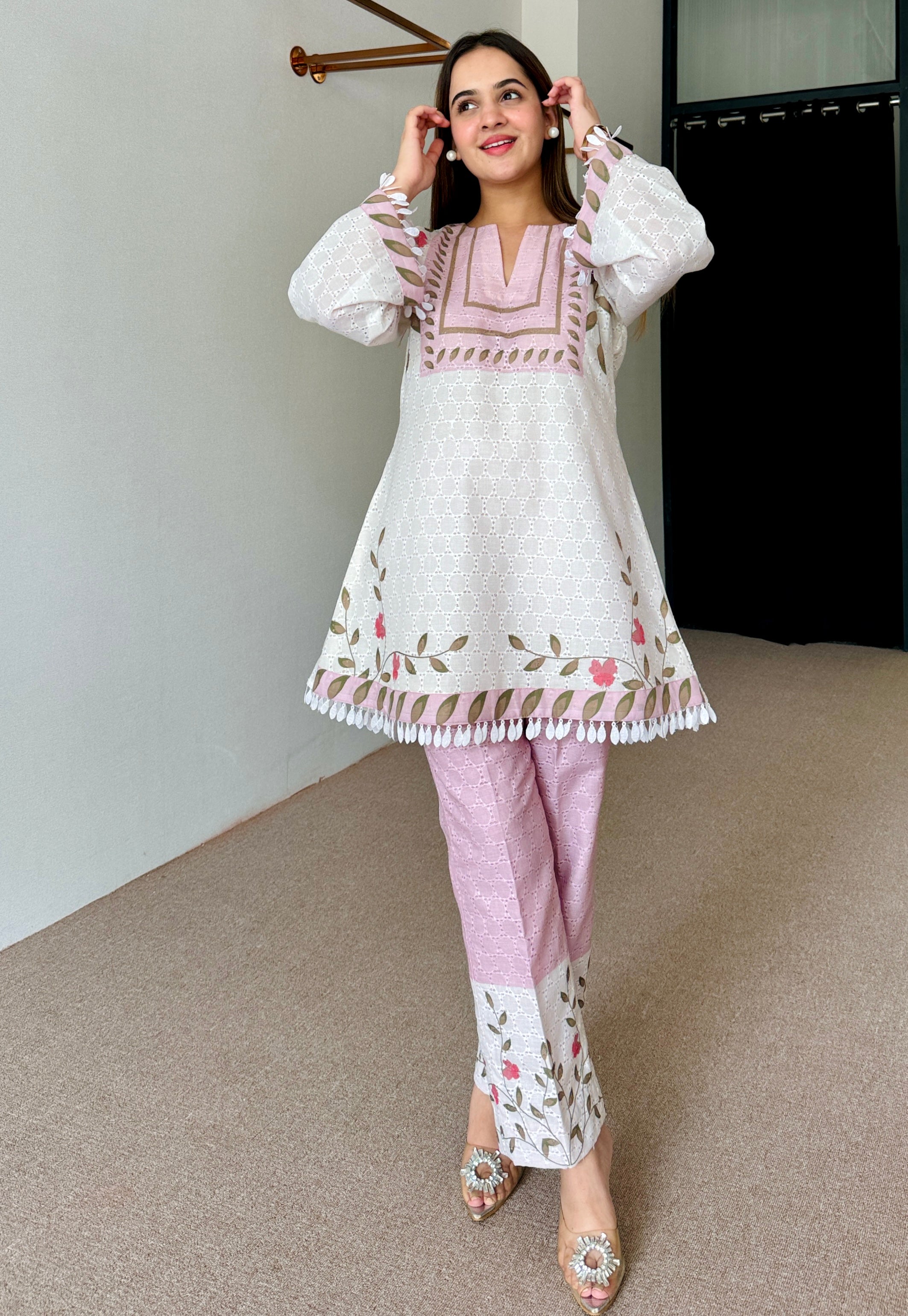 White Pink Floral Festive Kurta Set