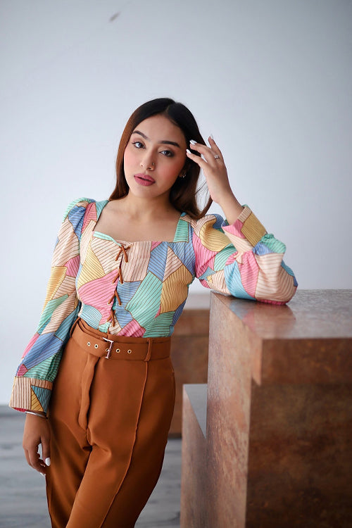 Abstract Print Top With Front Tie Up