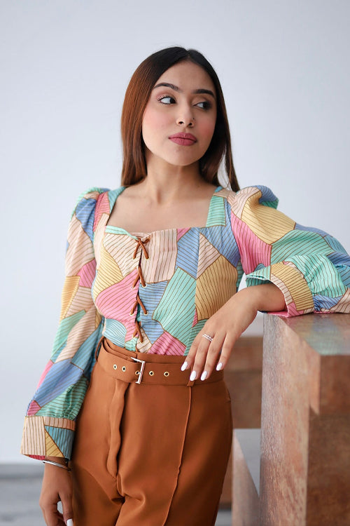 Abstract Print Top With Front Tie Up