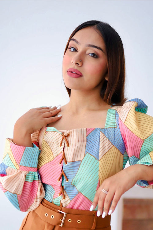 Abstract Print Top With Front Tie Up