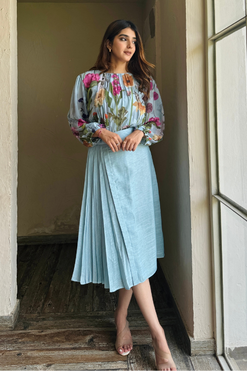 Blue Floral Pleated Top