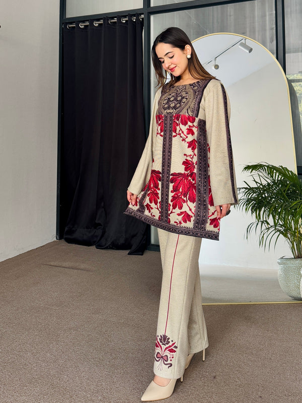 Noor Red Beige Winter Floral Kurta Set