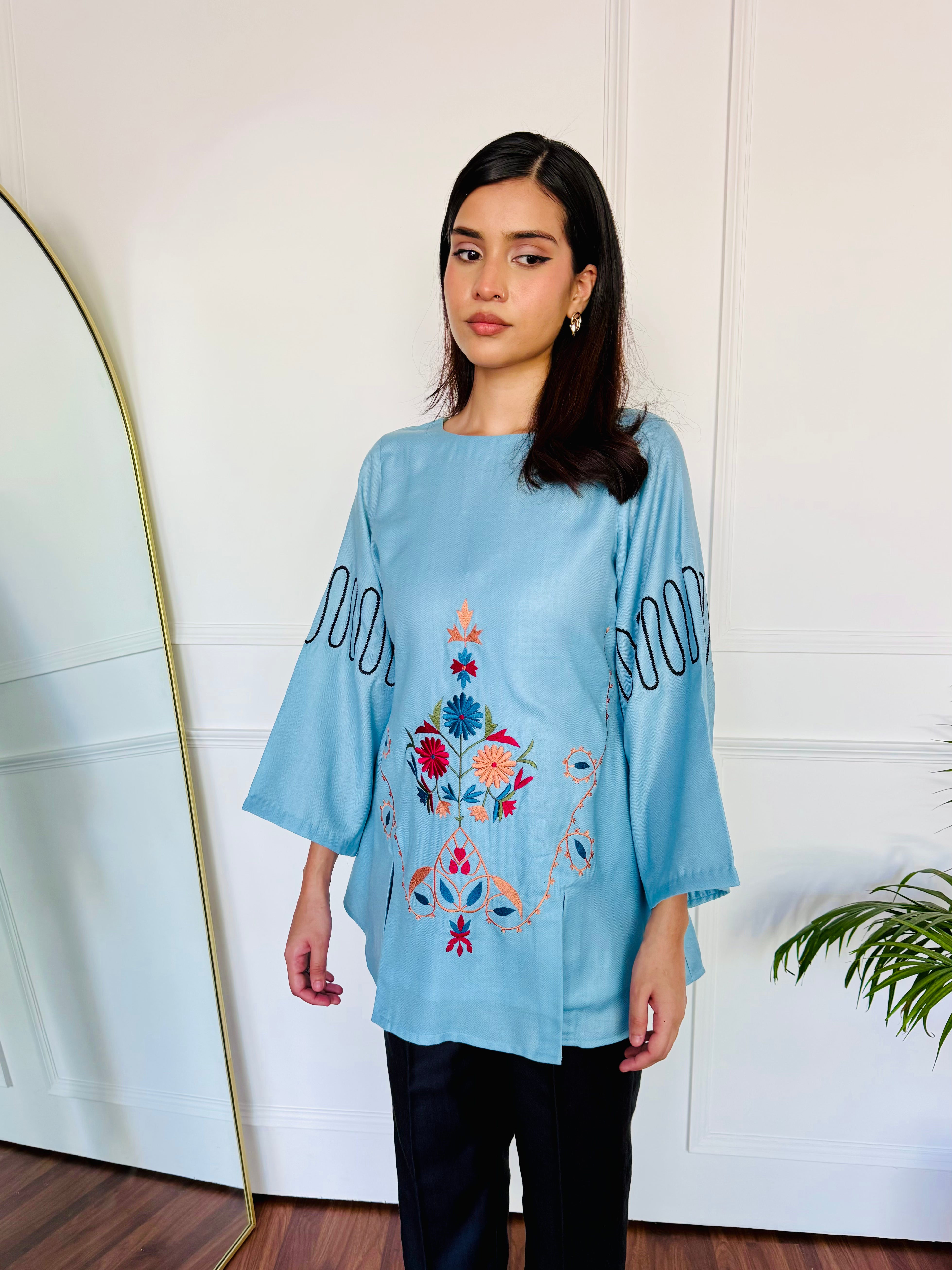 Blue & Black Embroidered Kurta Set