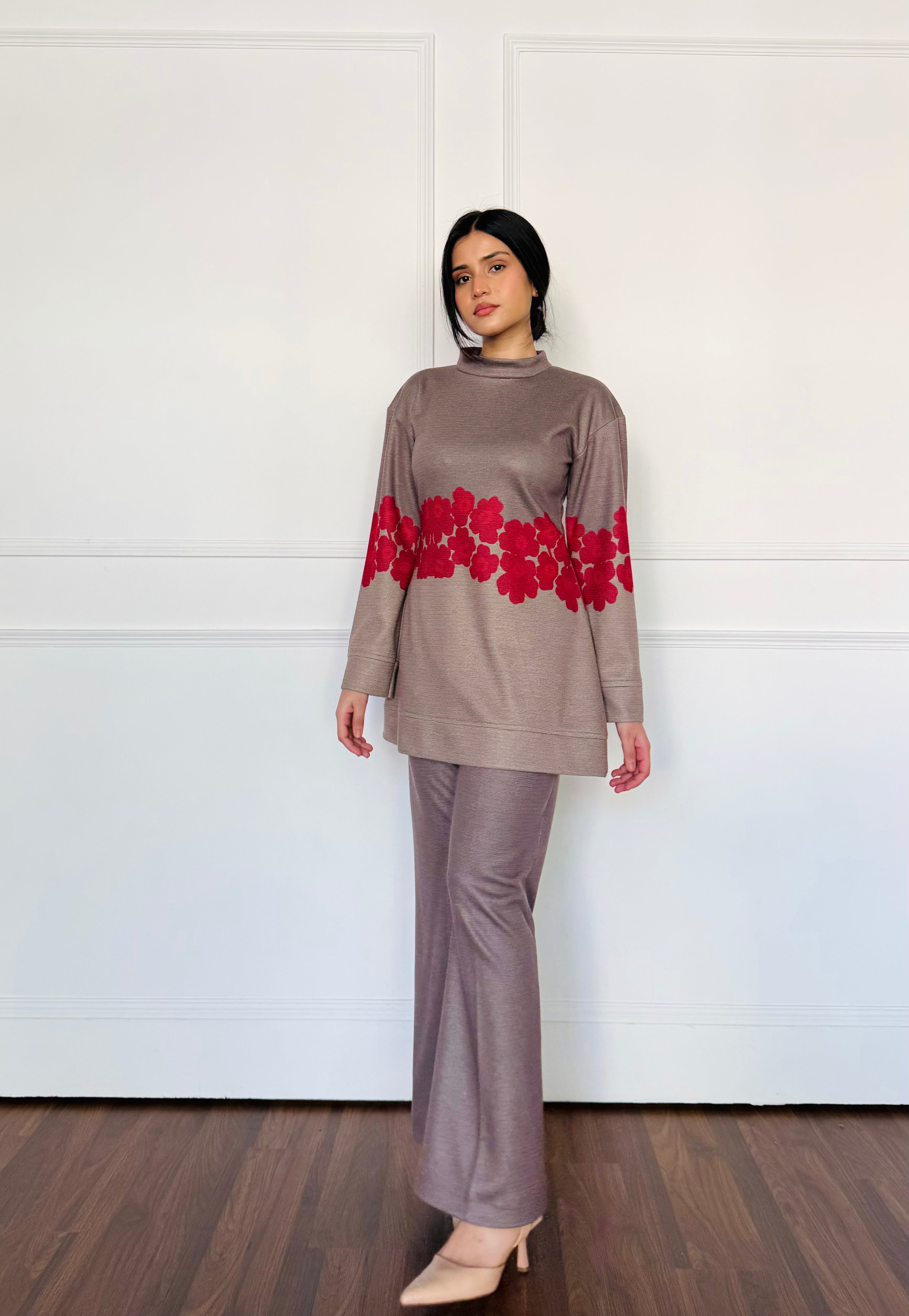 Two-Tone Gray Floral Woollen Co-ord Set