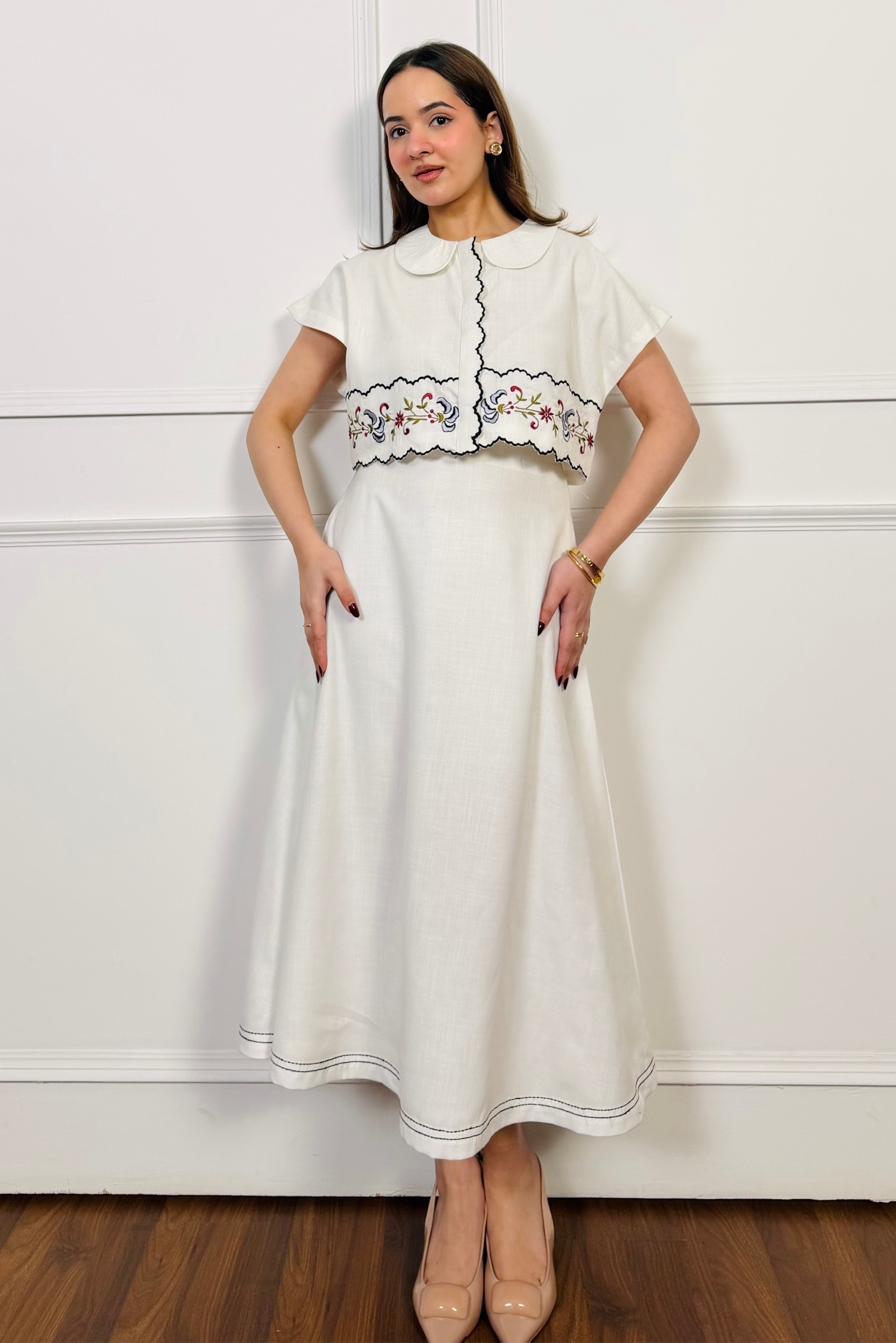 White Linen Embroidered Skirt Set