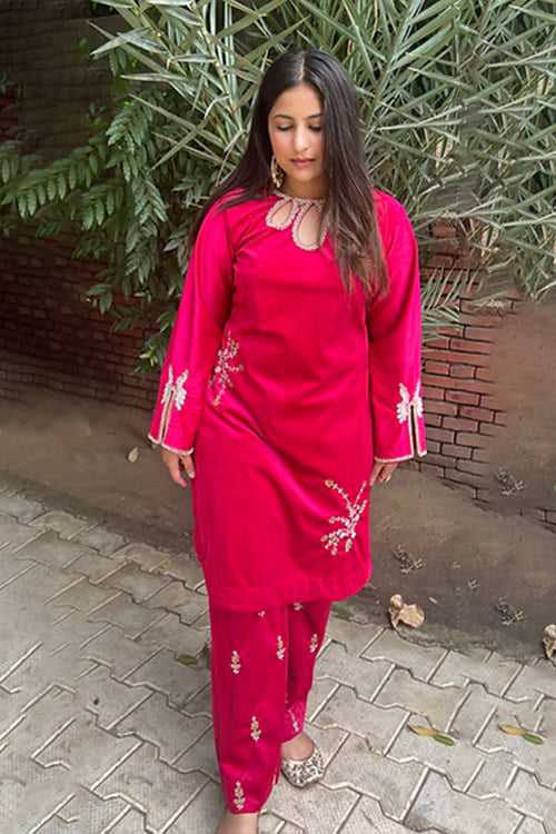 Premium Pink Velvet Hand Embroidered Set