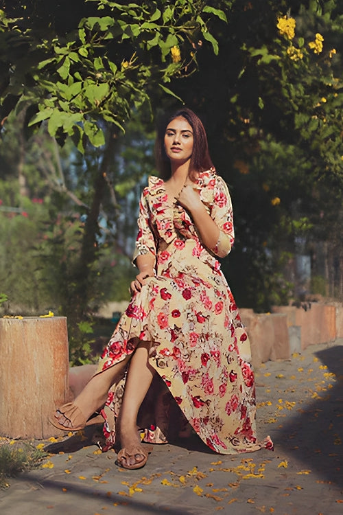 Hazel Floral High Low Maxi Dress With Frills