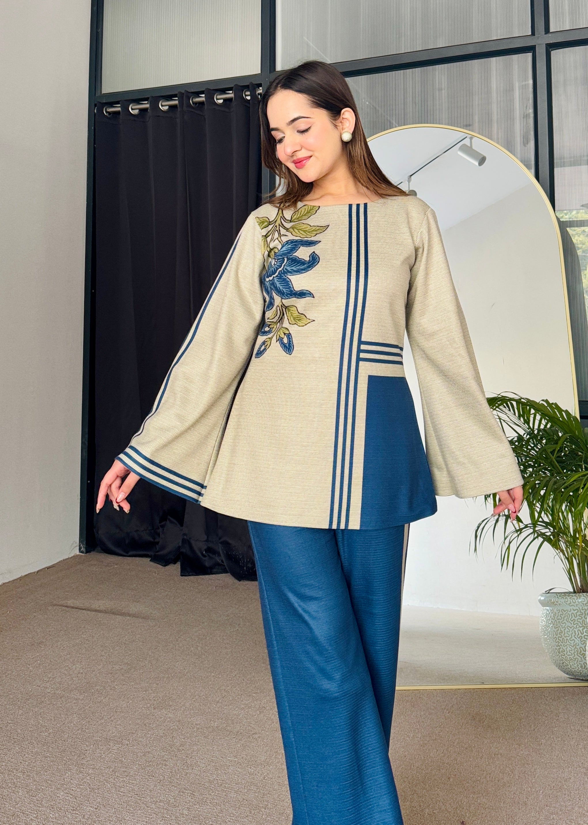 Beige Blue Woollen Coord Set