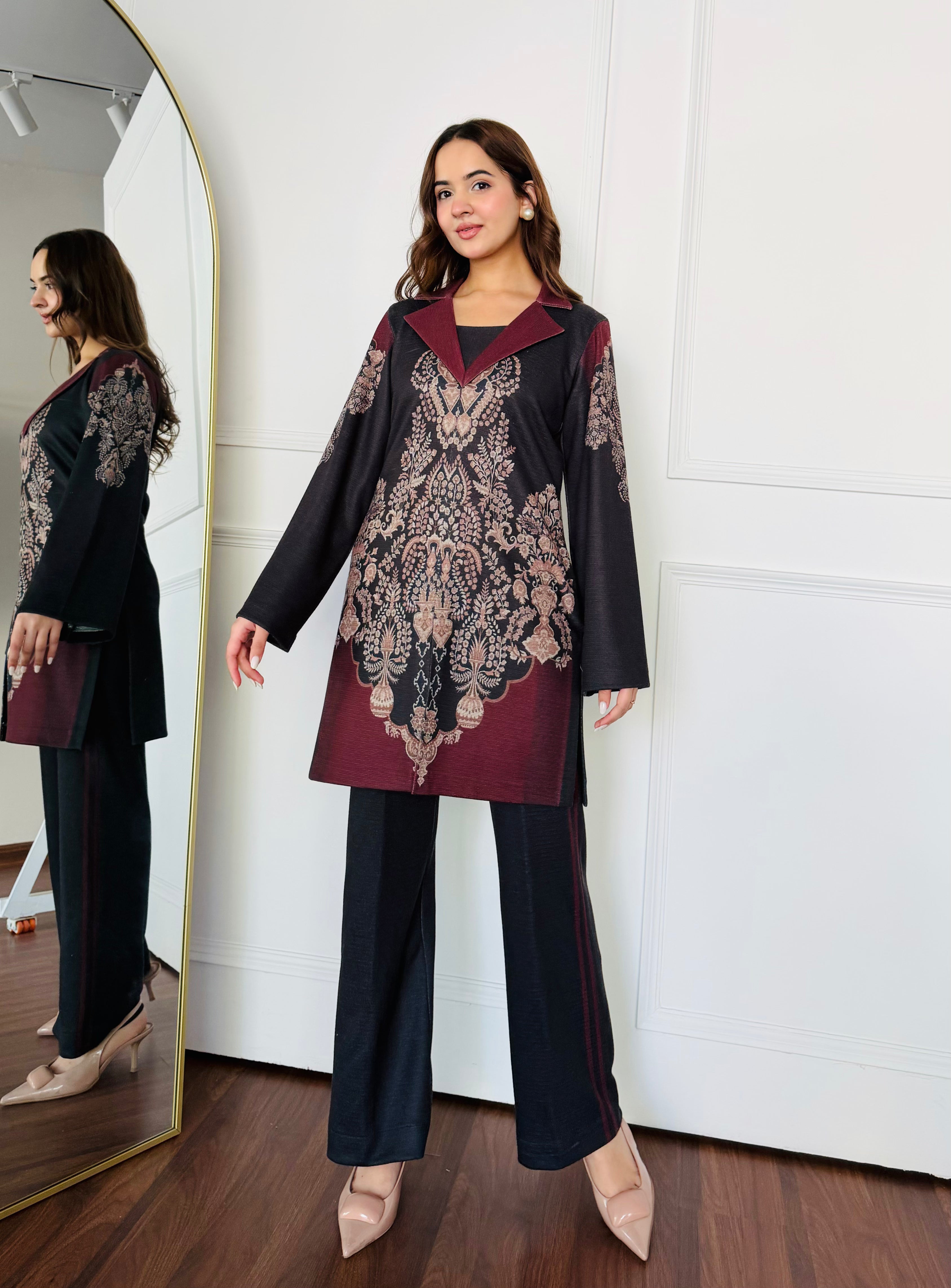 Black & Red Woollen Kurta Set