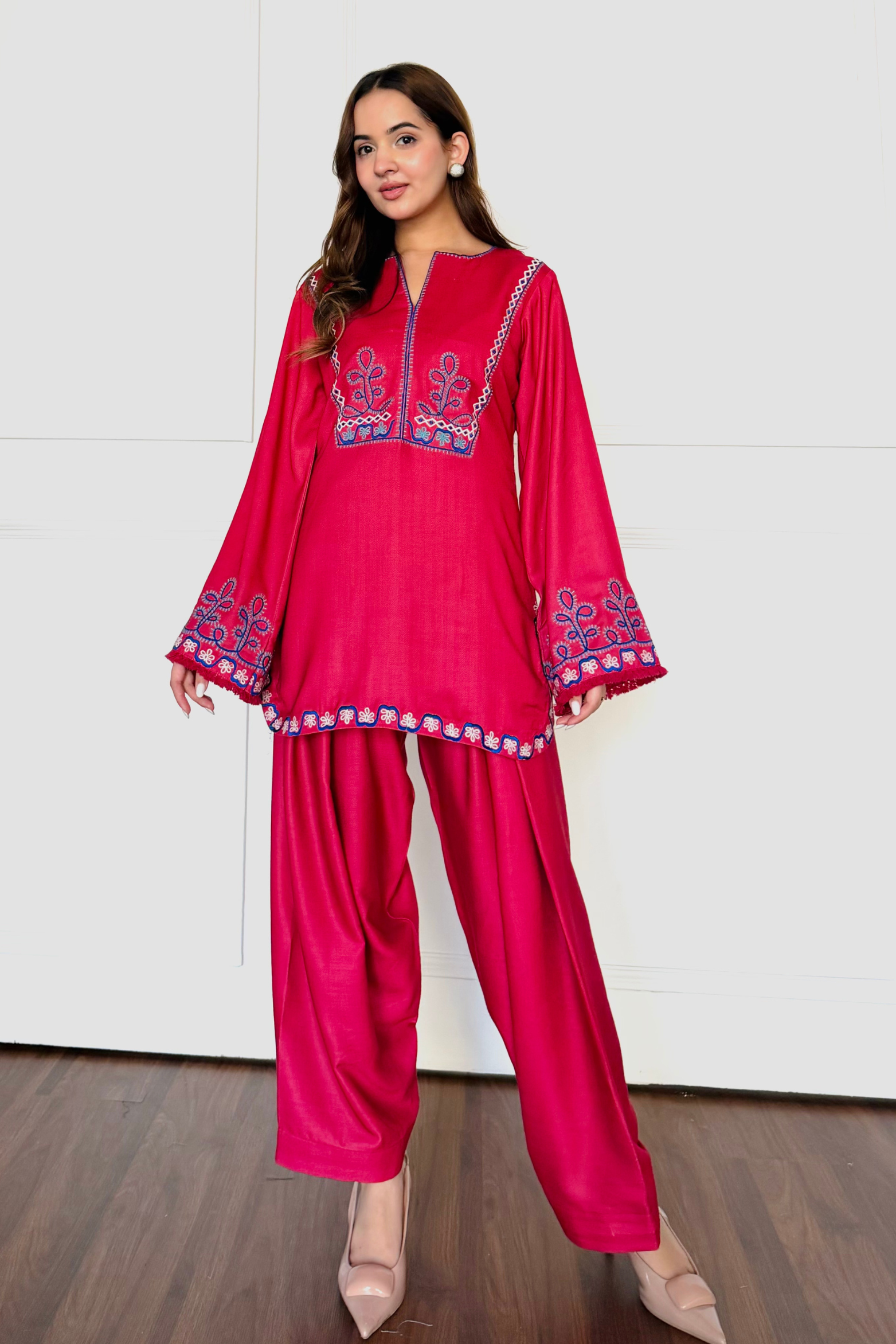 Red Embroidered Farshi Salwaar Set