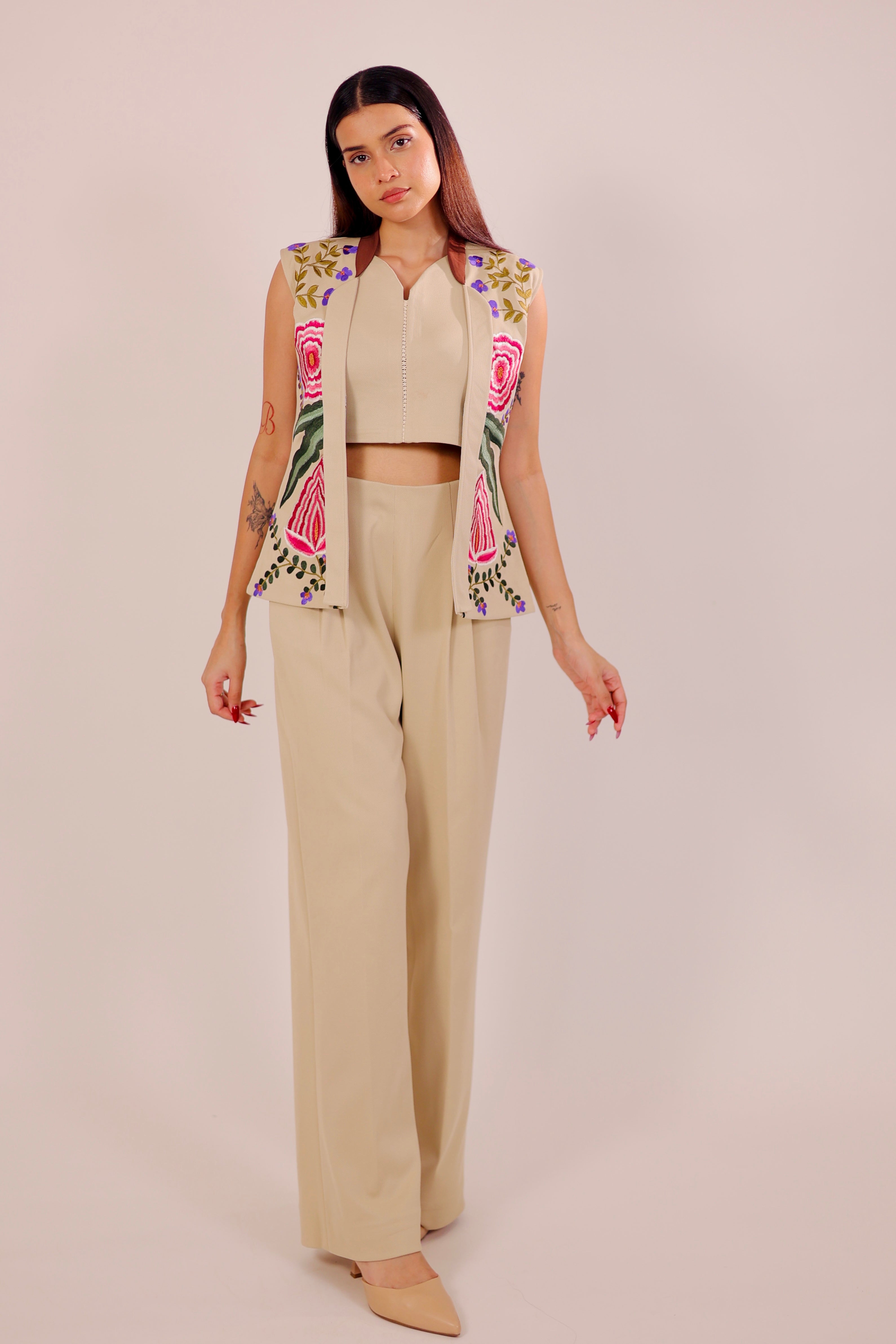 Beige Embroidered Blazer 3 Piece Set