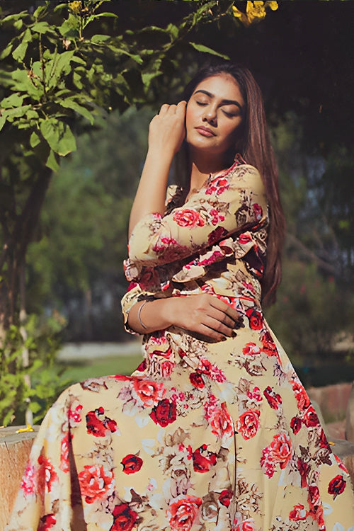 Hazel Floral High Low Maxi Dress With Frills