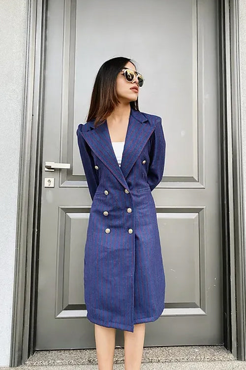 Blue Striped Tweed Blazer Dress