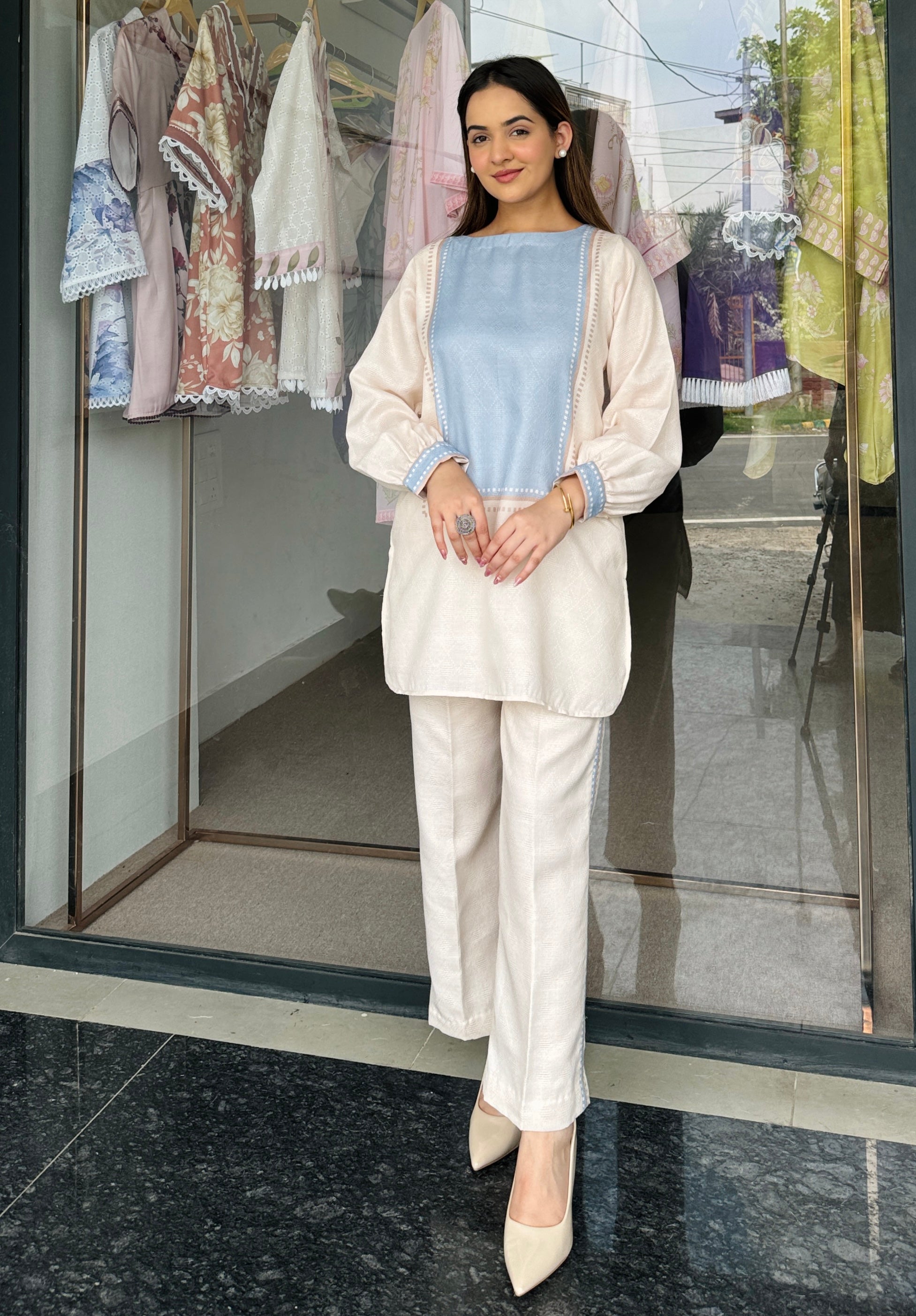 Beige Blue Harmony Co Ord Set