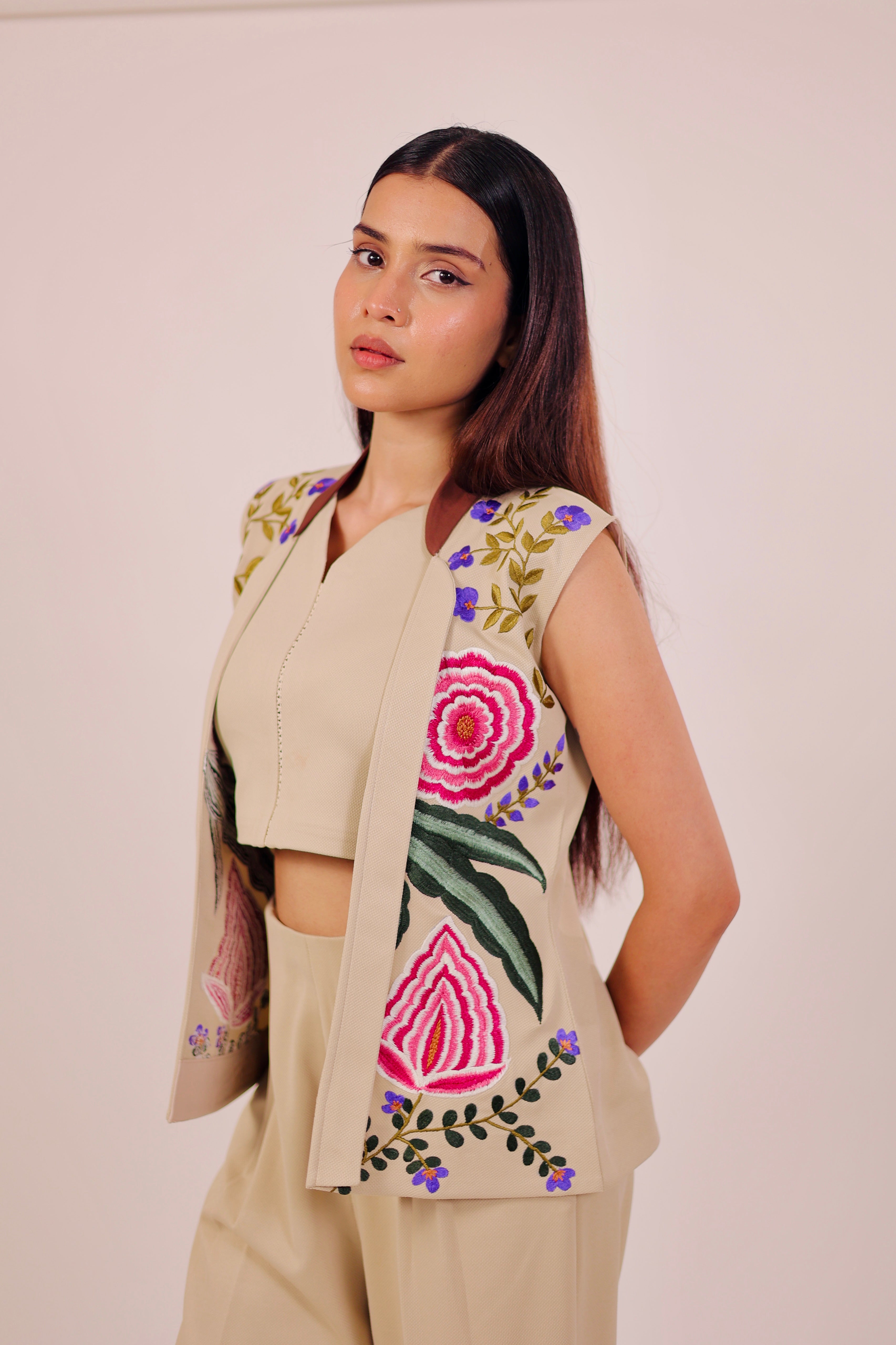 Beige Embroidered Blazer 3 Piece Set