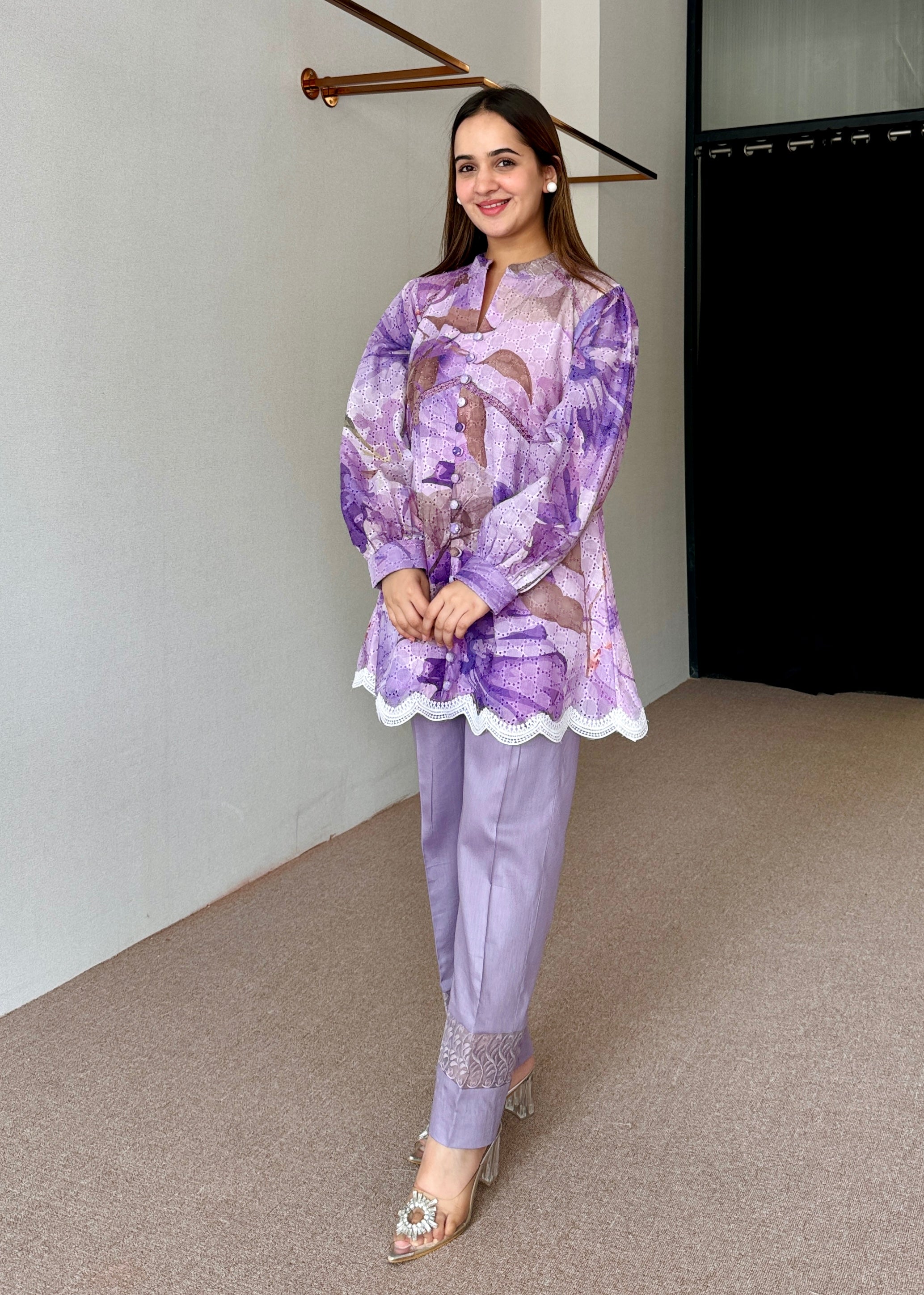 Floral Lavender Pakistani Kurta Set