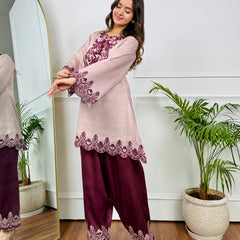 Beige Maroon Embroidered Kurta Set