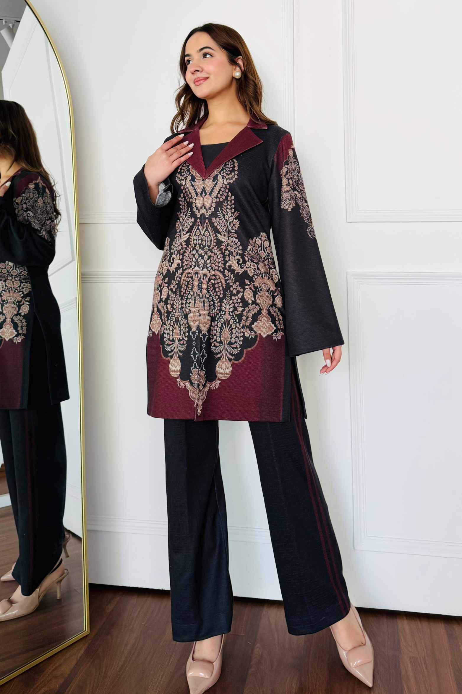 Black & Red Woollen Kurta Set