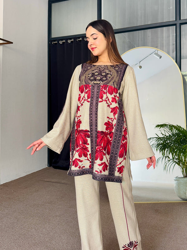 Noor Red Beige Winter Floral Kurta Set