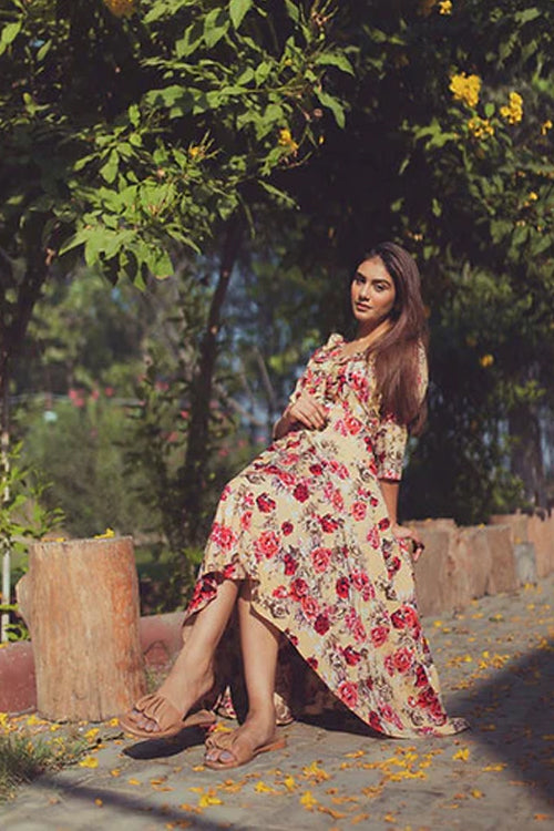Hazel Floral High Low Maxi Dress With Frills