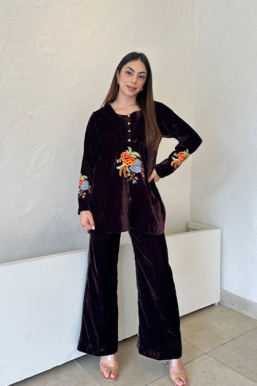Brown Embroidered Velvet Fusion Set