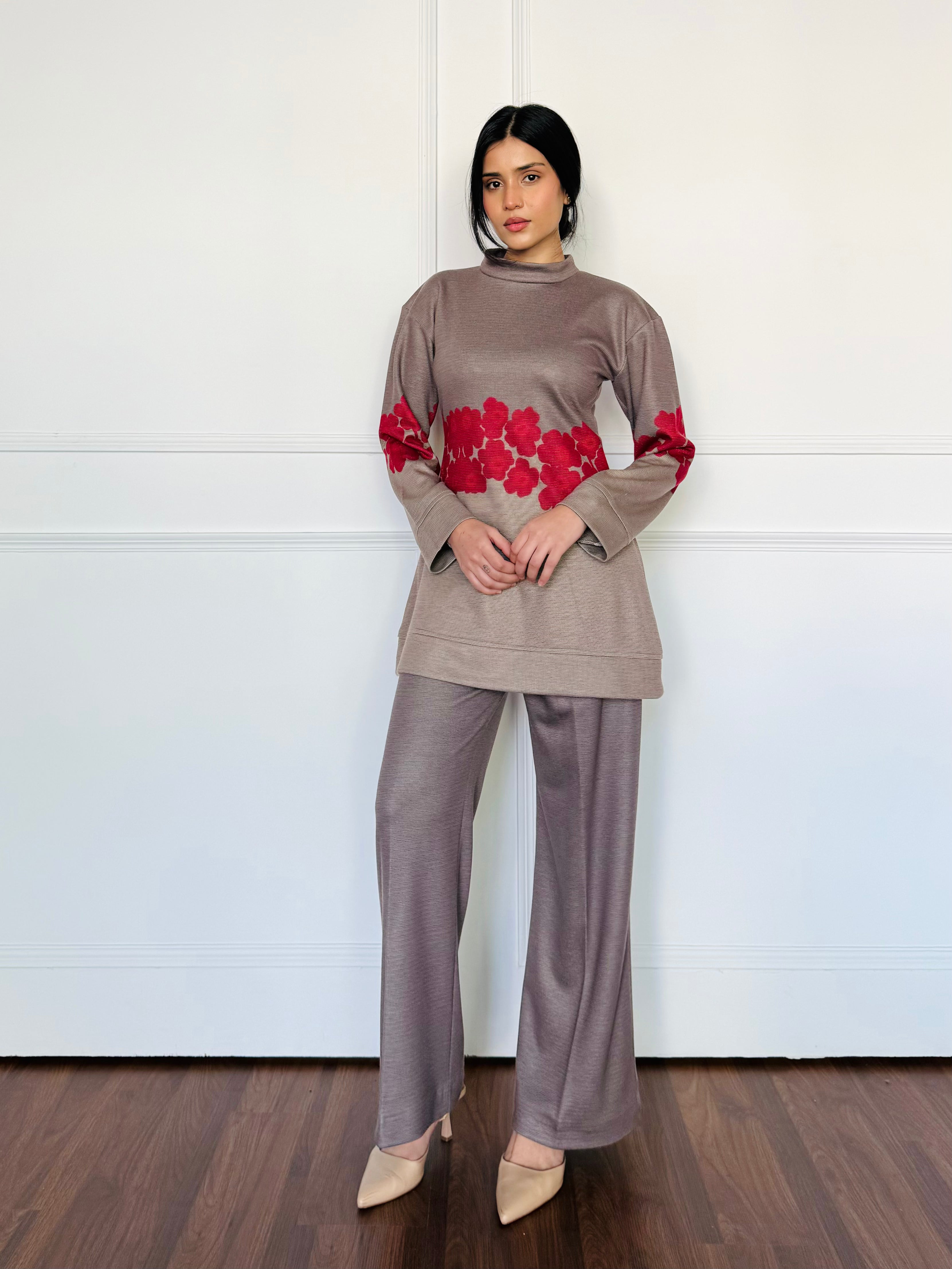 Two-Tone Gray Floral Woollen Co-ord Set