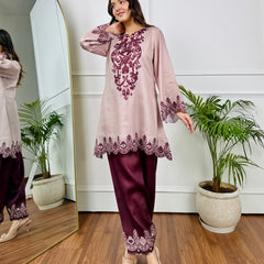 Beige Maroon Embroidered Kurta Set