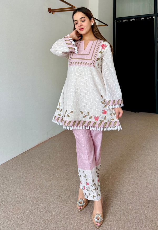 White Pink Floral Festive Kurta Set