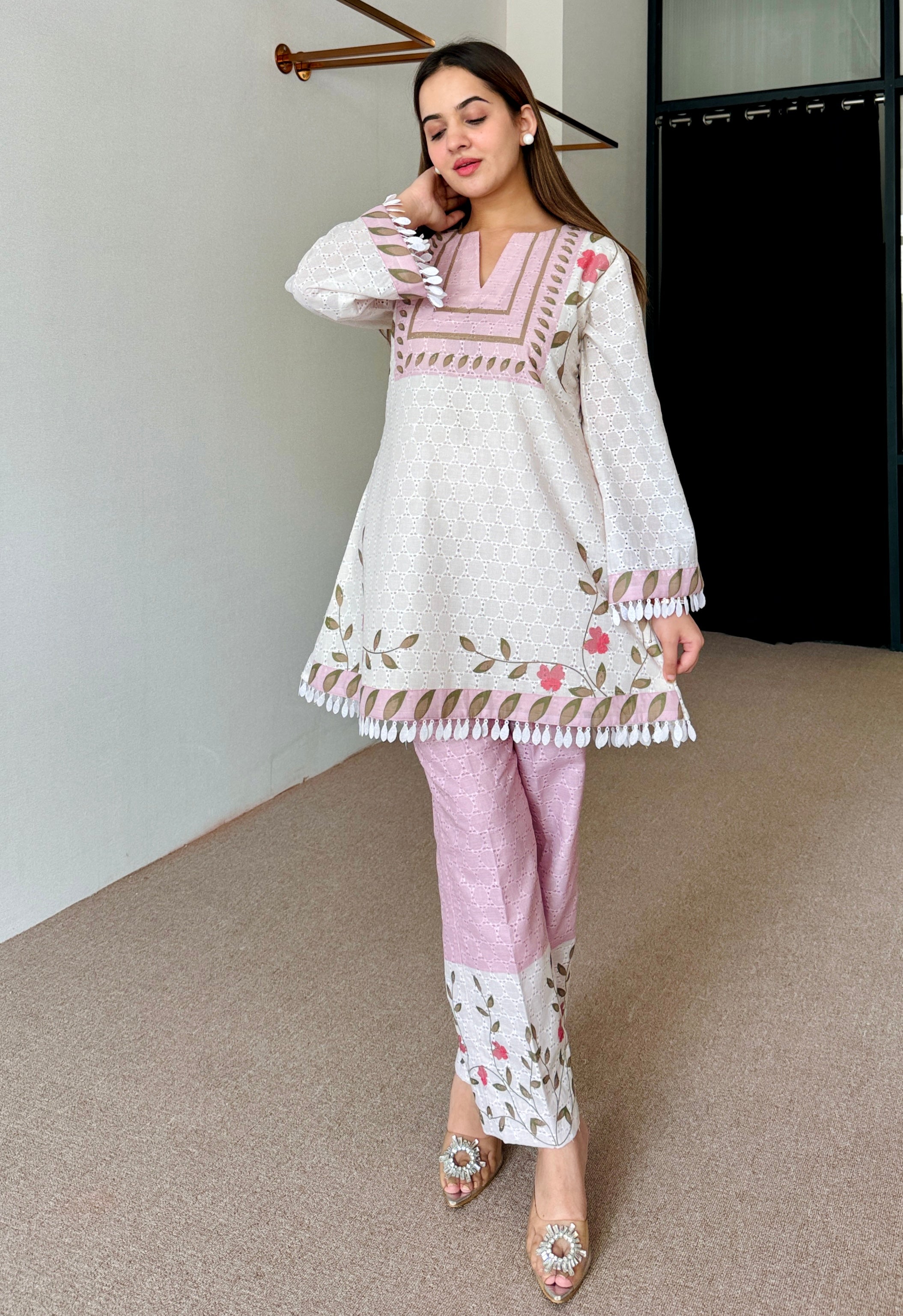 White Pink Floral Festive Kurta Set