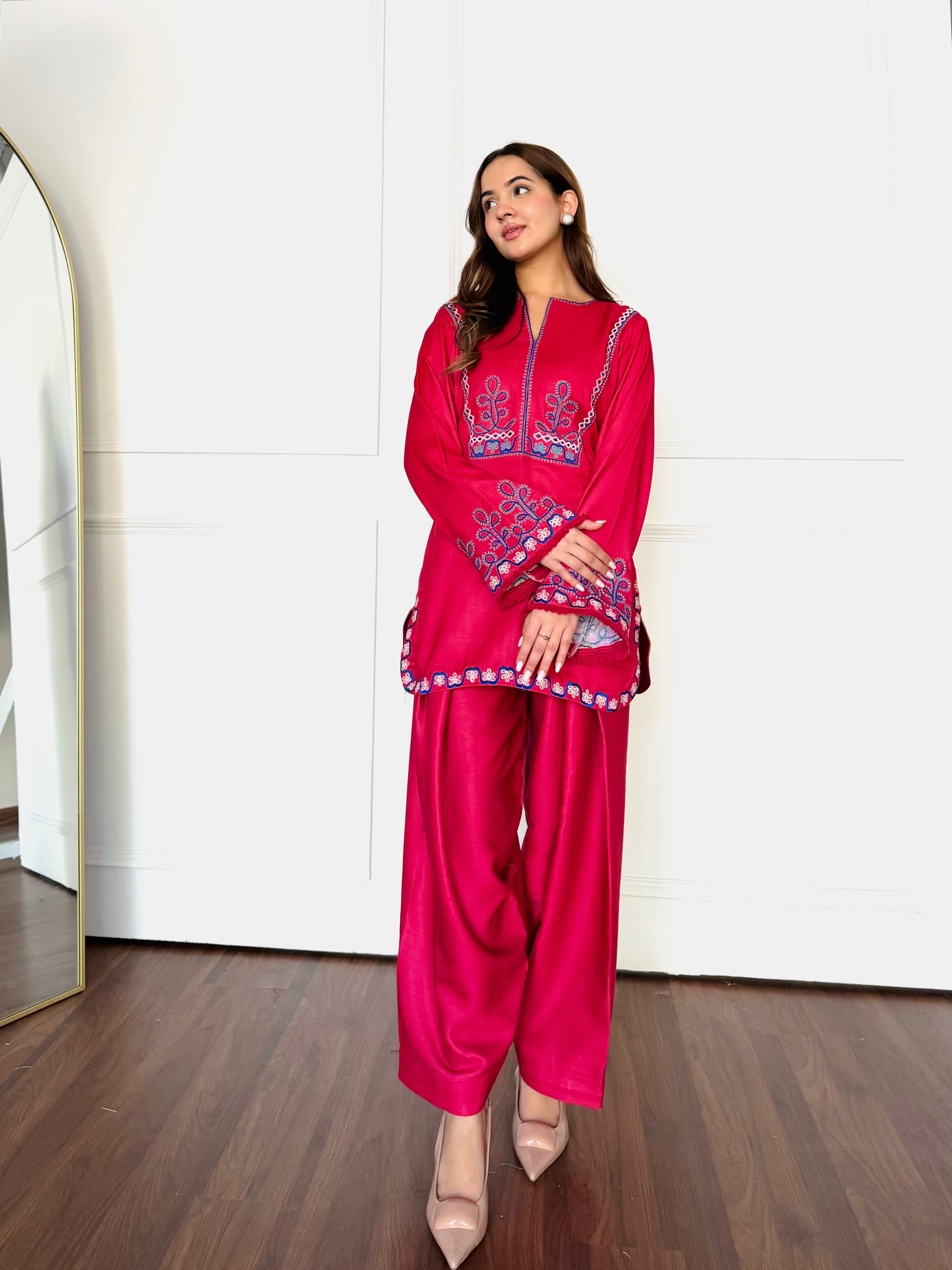 Red Embroidered Farshi Salwaar Set