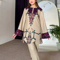 Beige Wine Cutwork Woollen Kurta Set