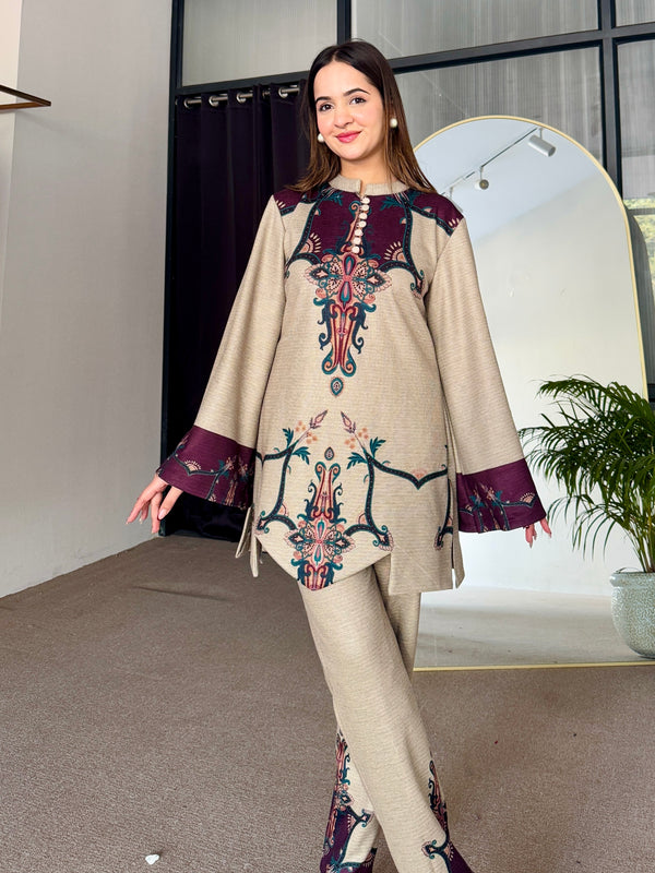 Beige Wine Cutwork Woollen Kurta Set