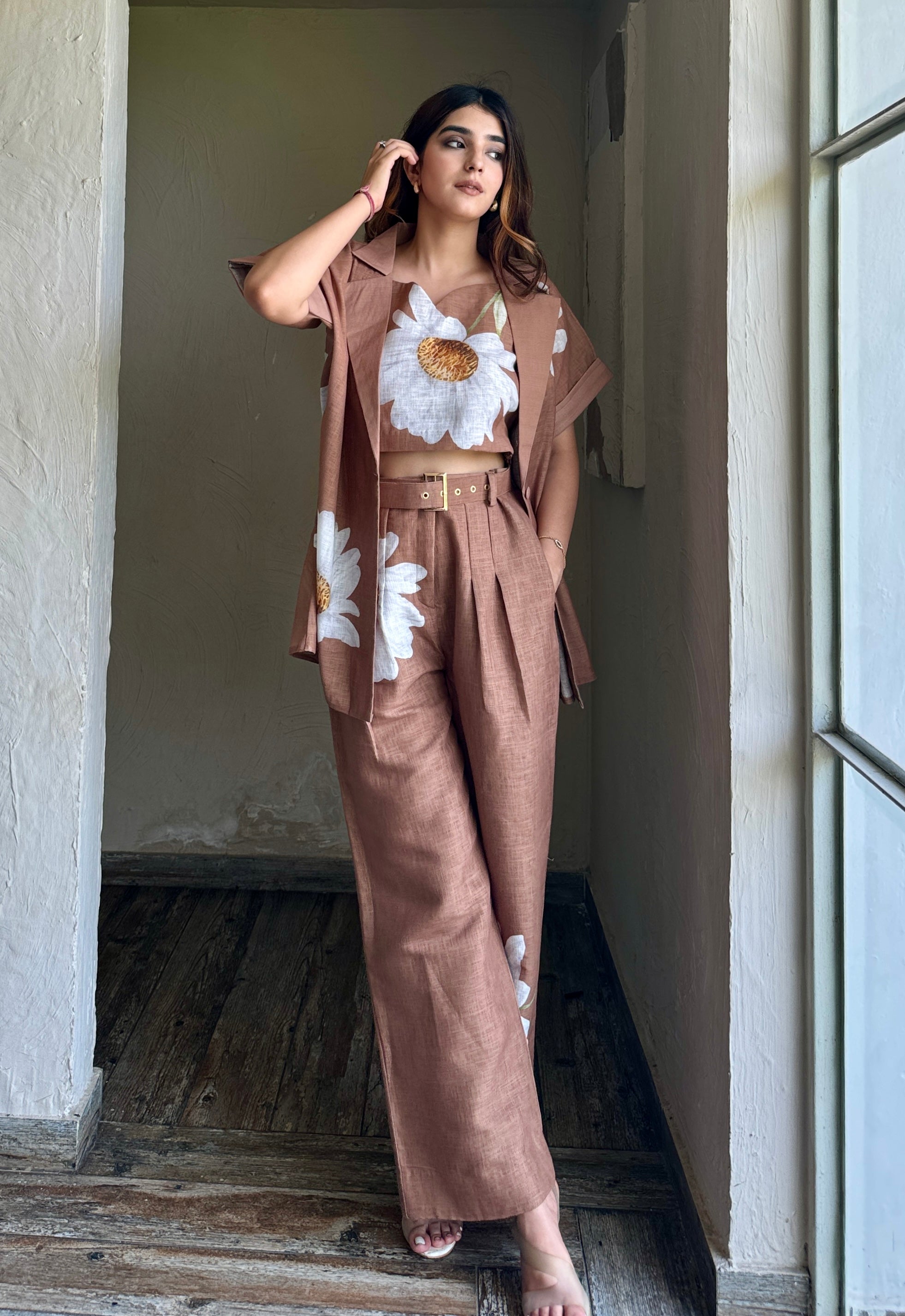 Brown Linen 3 Piece Coord Set