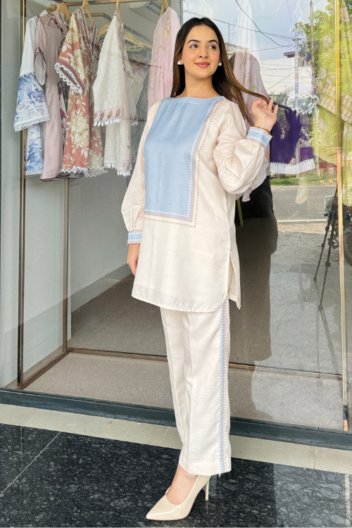 Beige Blue Harmony Co Ord Set