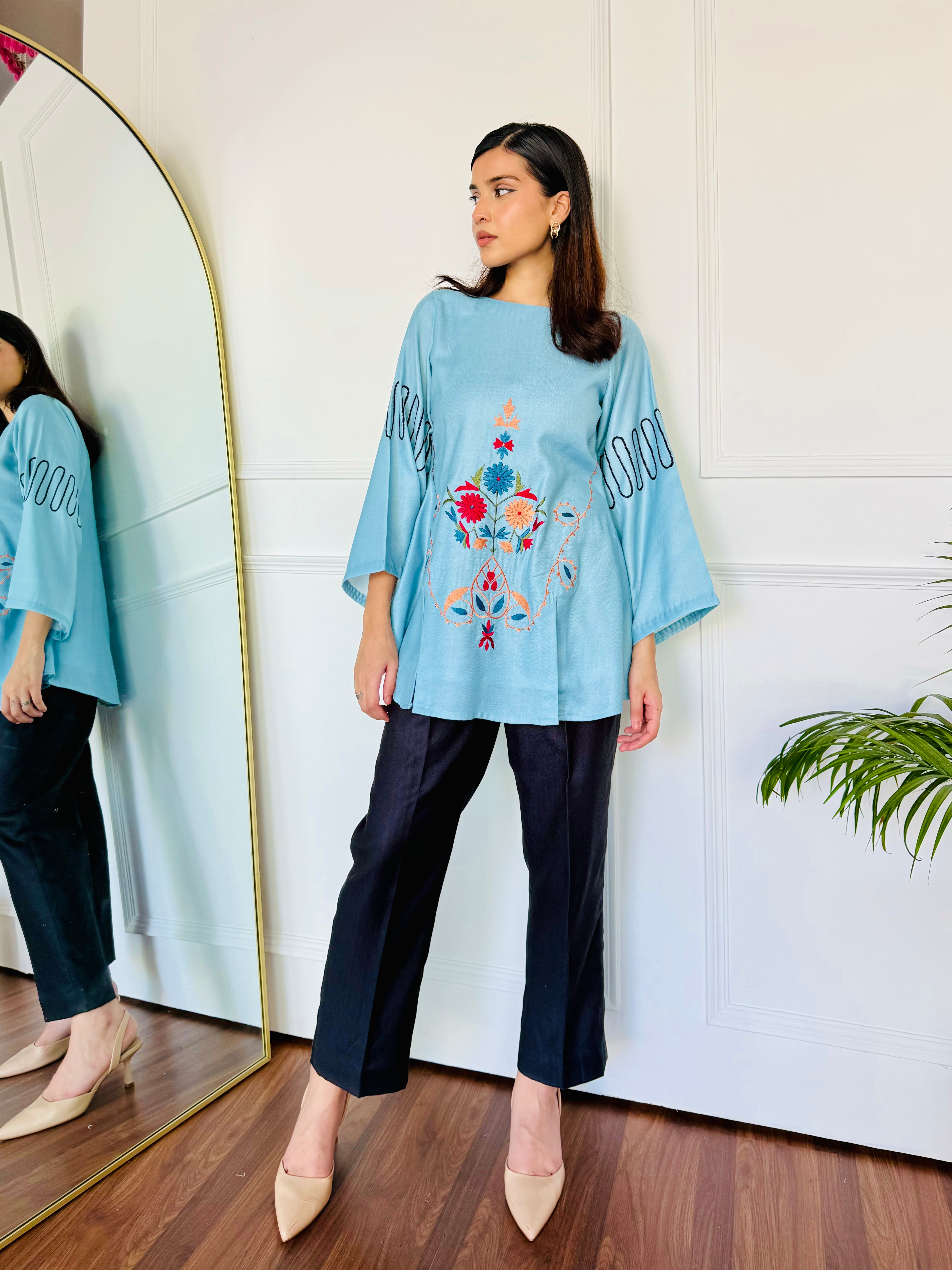 Blue & Black Embroidered Kurta Set