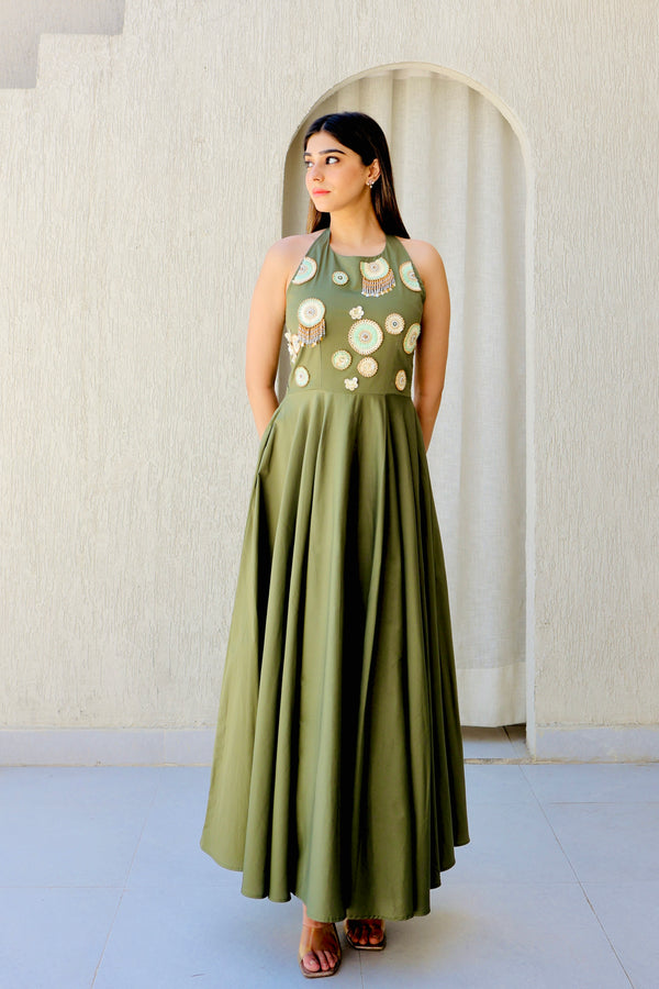 Olive Hand Embroidered Summer Dress