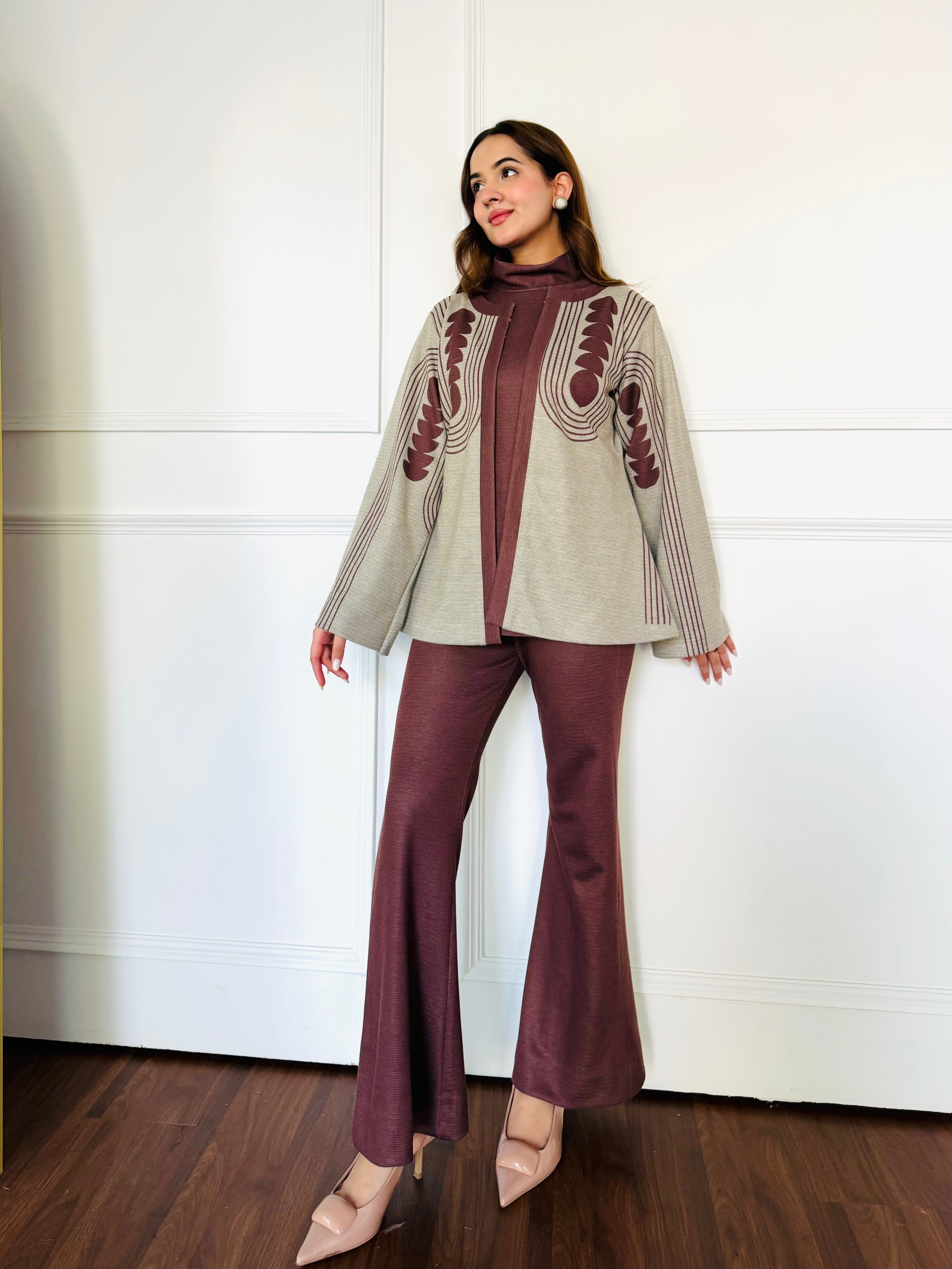 Beige Brown Woollen 3 Piece Set