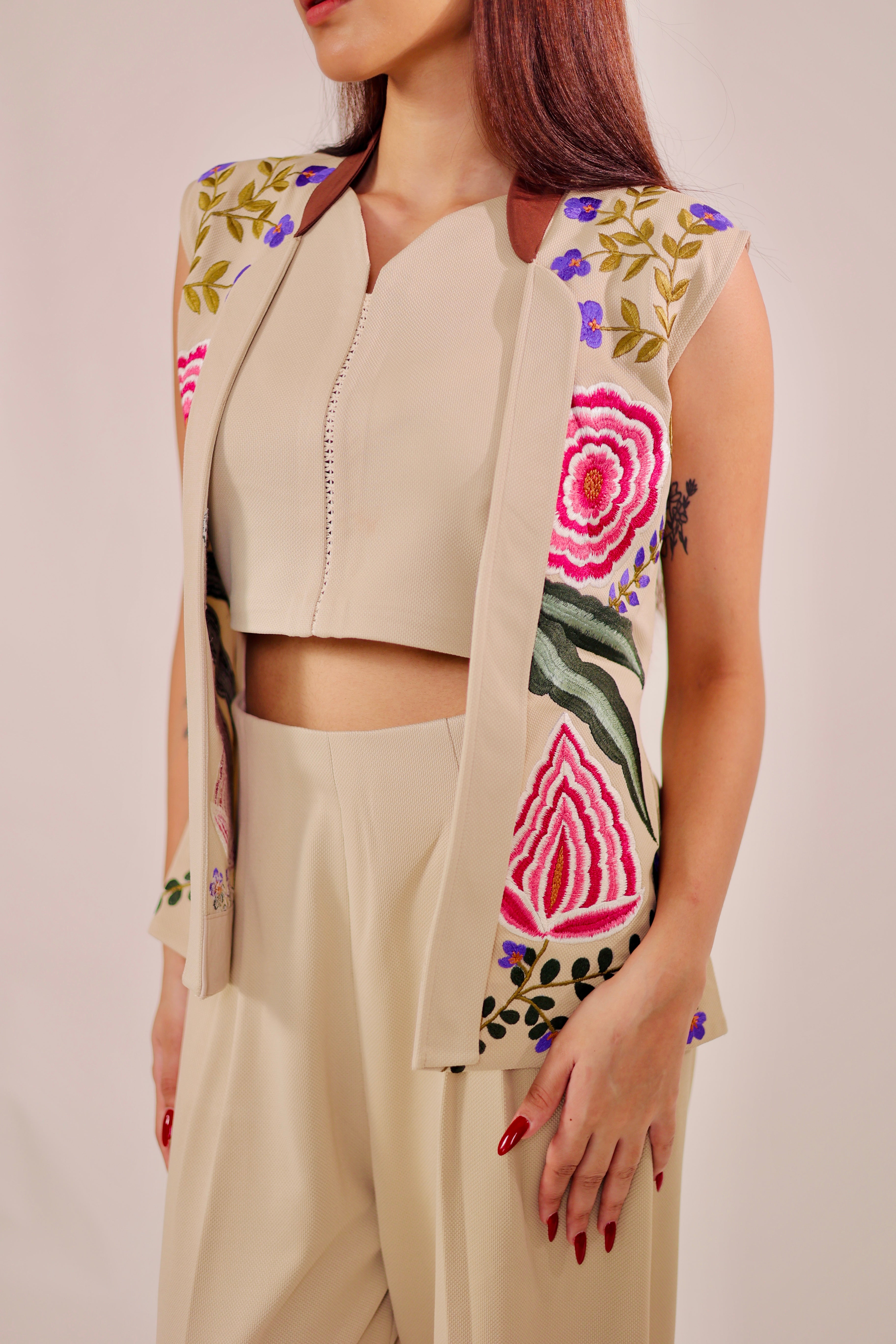 Beige Embroidered Blazer 3 Piece Set