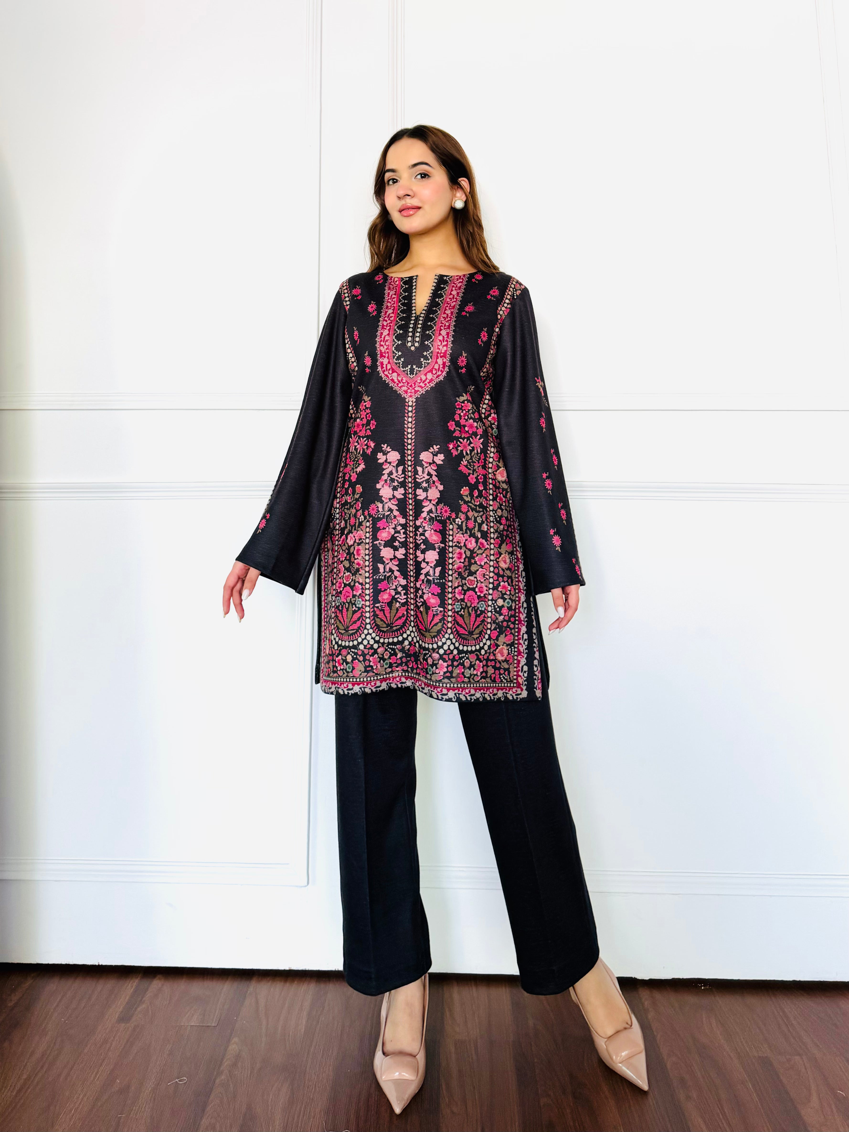 Black & Pink Woollen Kurta Set
