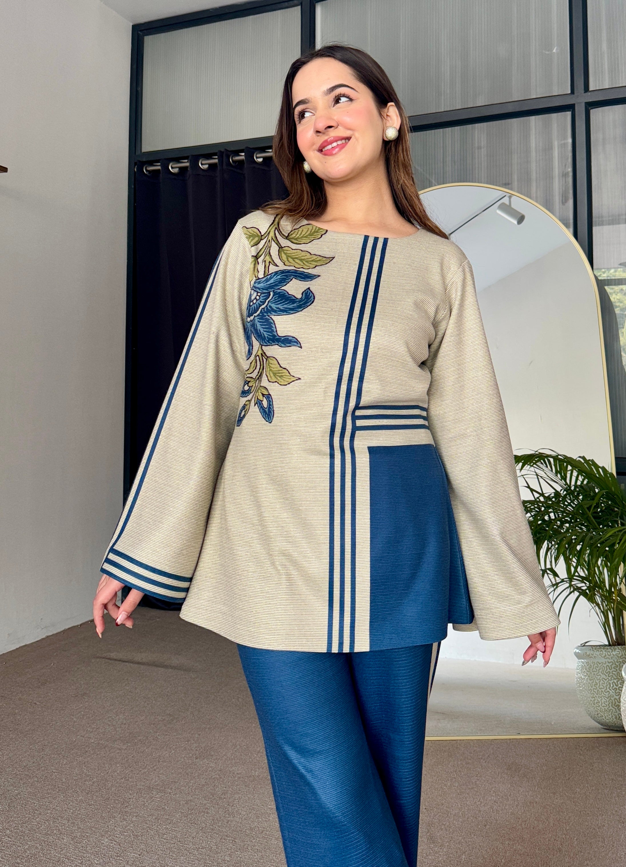 Beige Blue Woollen Coord Set