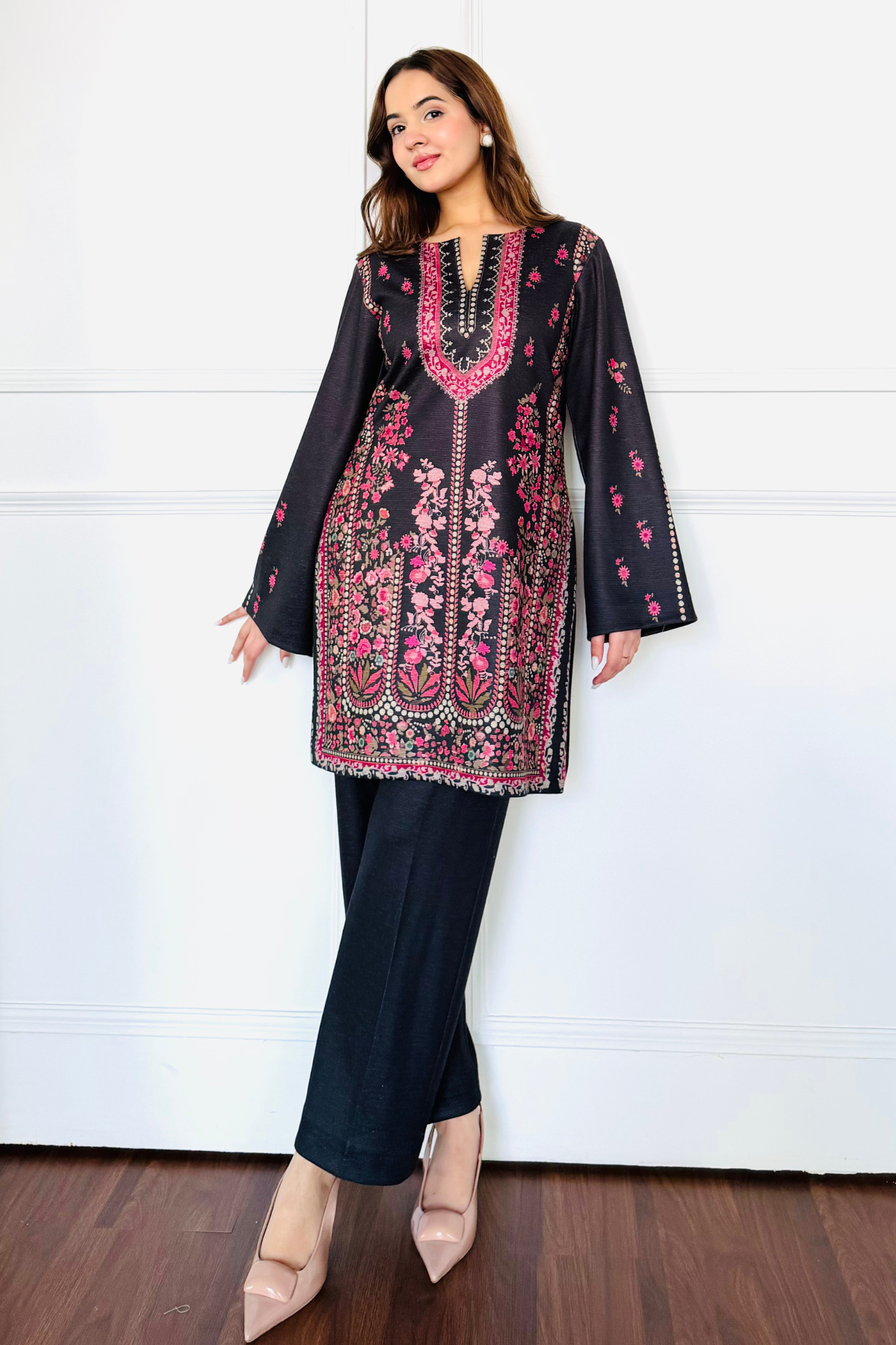 Black & Pink Woollen Kurta Set