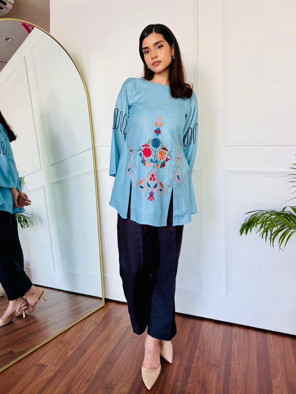 Blue & Black Embroidered Kurta Set