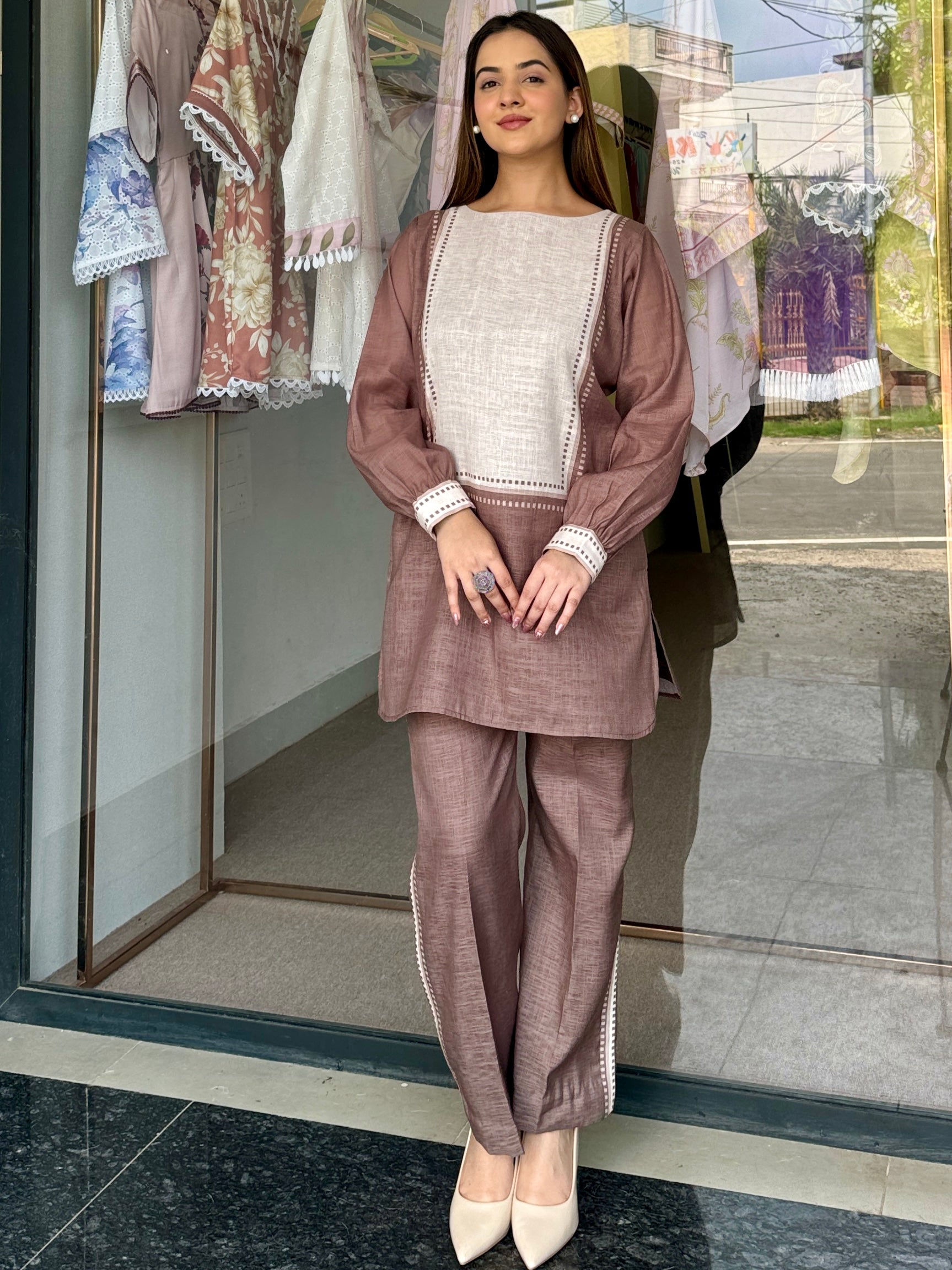 Brown Beige Linen Coord