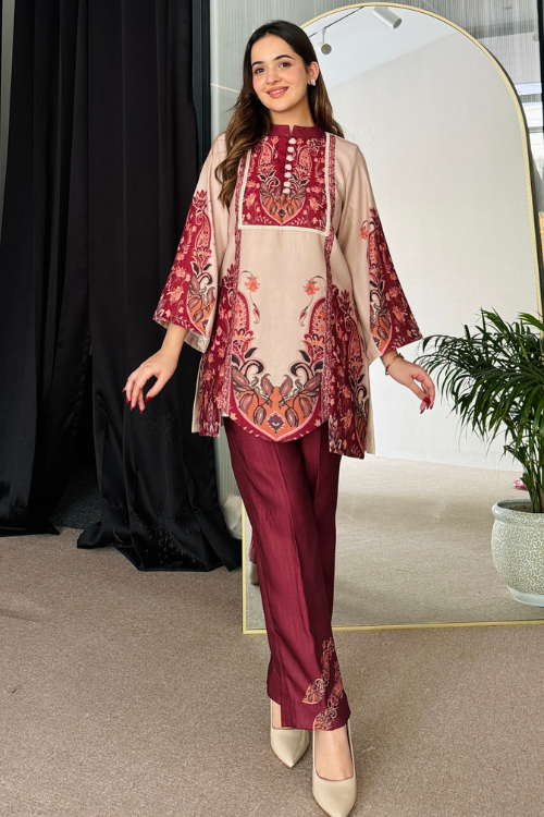 Feriha Beige Bold Winter Pashmina Kurta Set