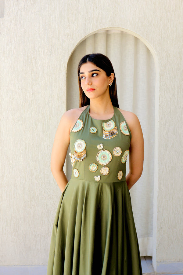 Olive Hand Embroidered Summer Dress