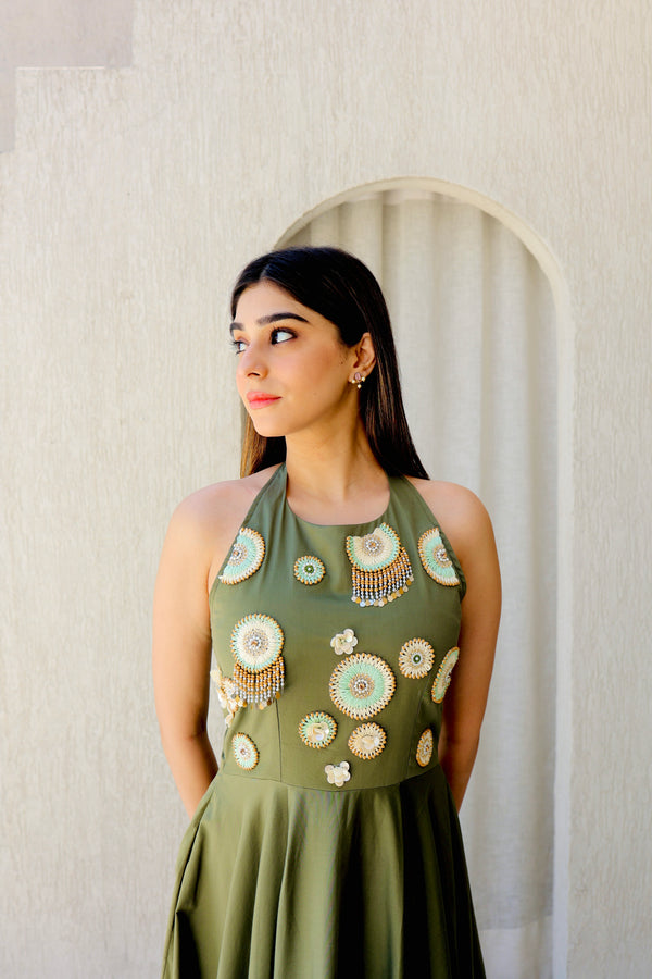 Olive Hand Embroidered Summer Dress